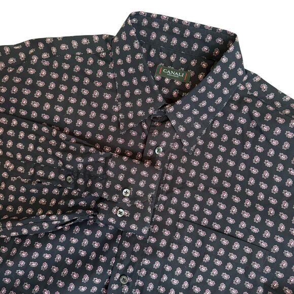 Canali Sportswear Men’s L Paisley Button Down Shirt Navy Pink Cotton Italy Made - Picture 1 of 11